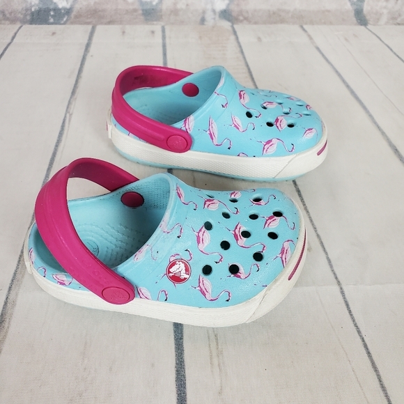CROCS Crocband Clog Pale Turquoise Pink Flamingo  Pattern Size Baby 4-5 - Picture 8 of 12